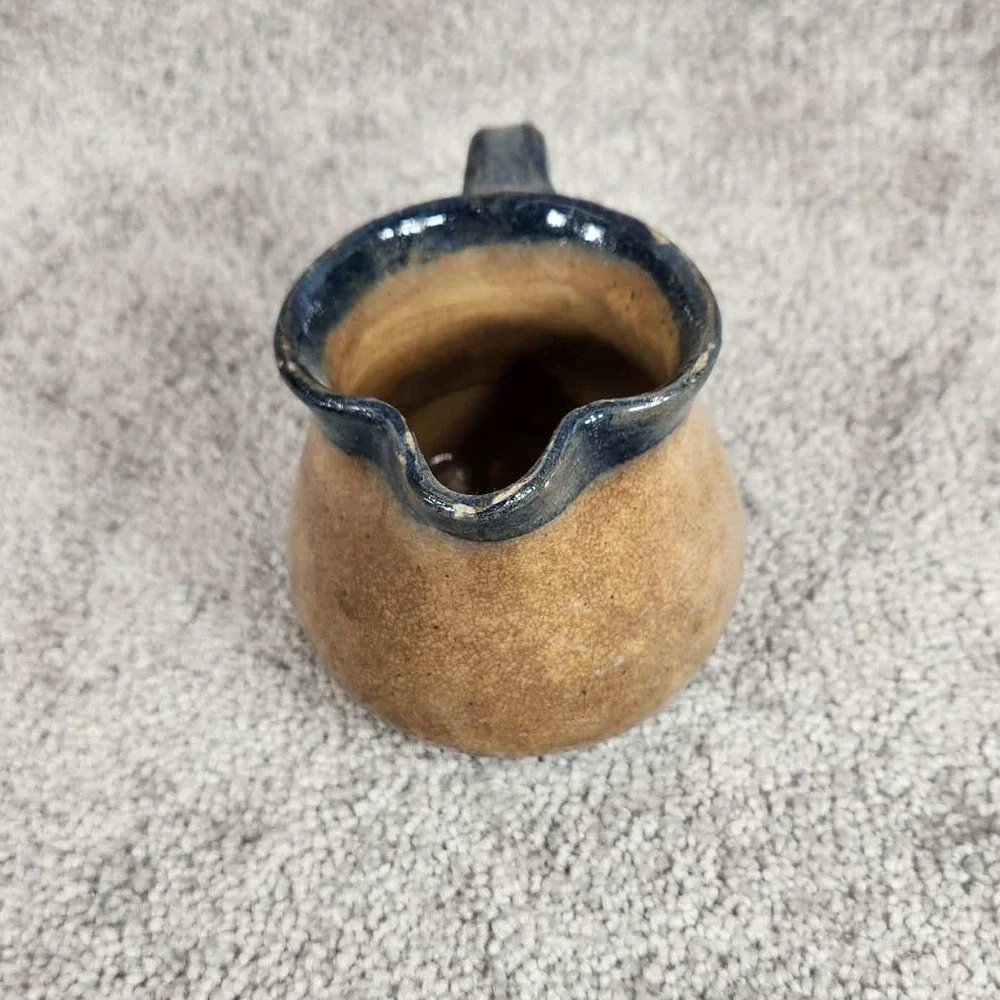 Studio Pottery Creamer Pitcher Tan Cobalt Blue‎ Rustic Farmhouse Small